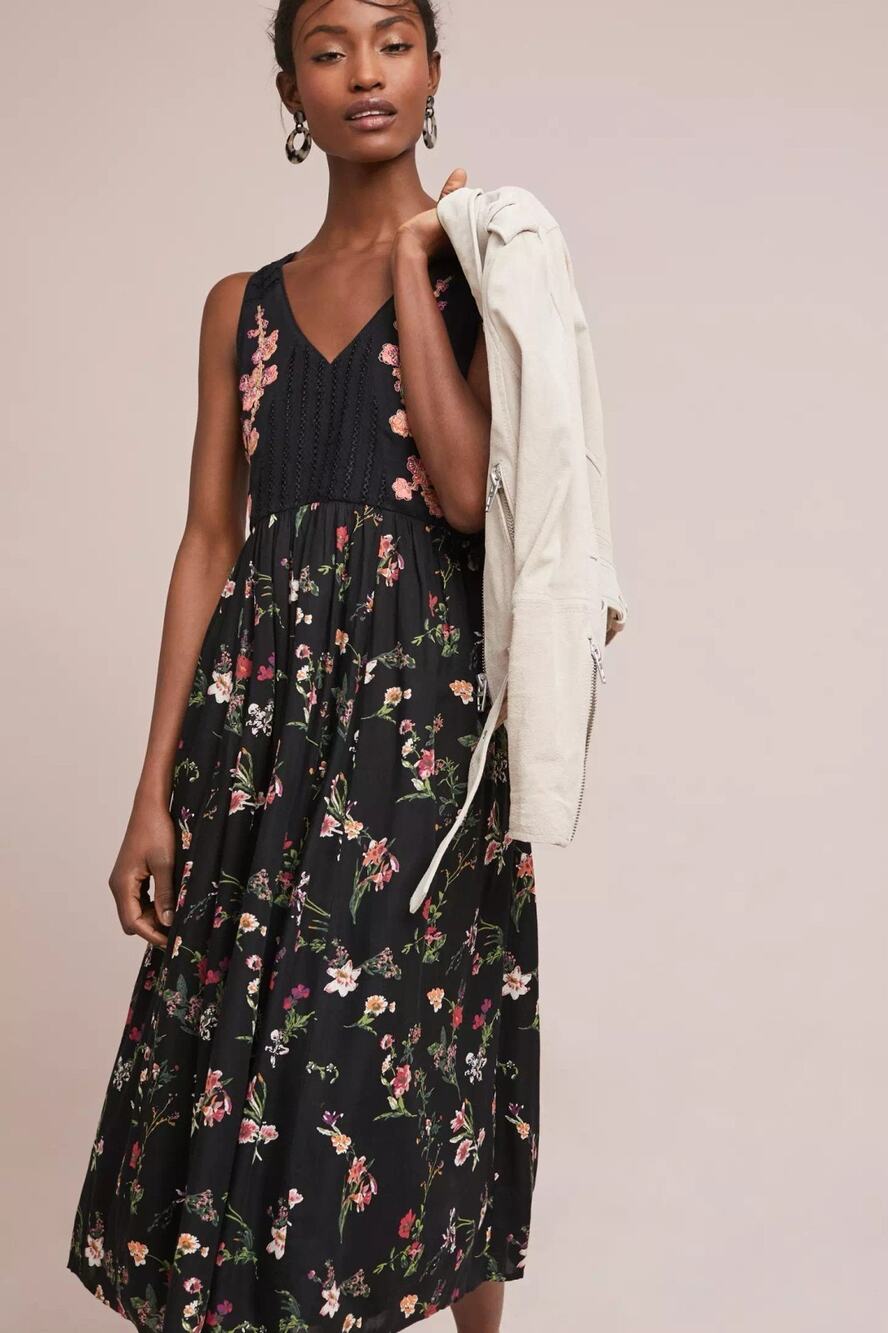 Anthropologie Maeve Lola Embroidered Black Floral Cotton Blend Midi Dress Small